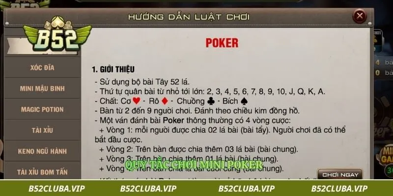 Quy tắc chơi mini poker